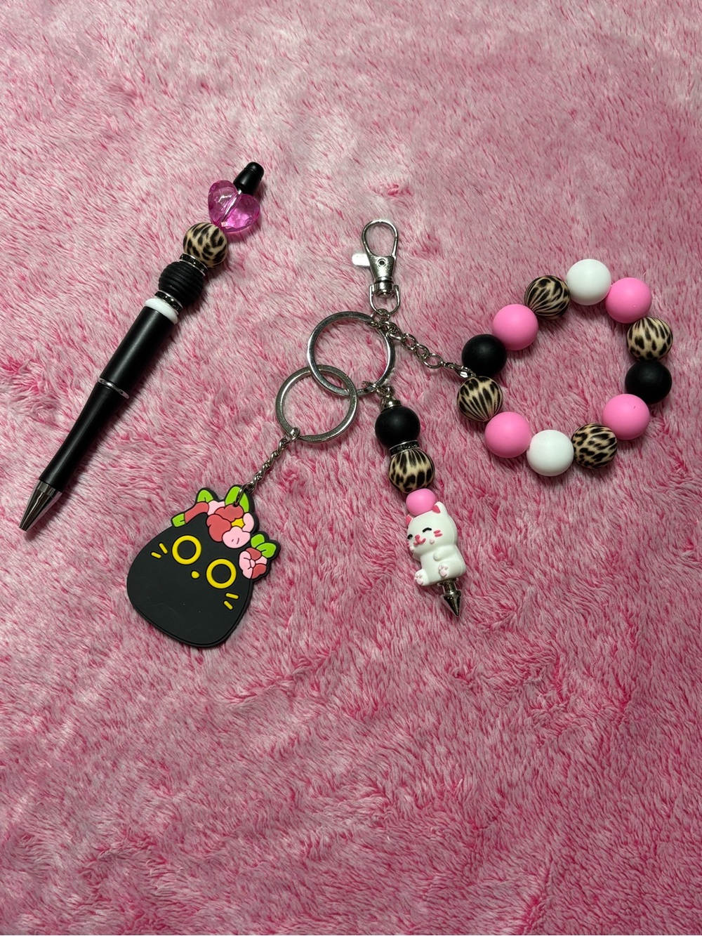 Pink Beaded Keychain Set with Cat Charms